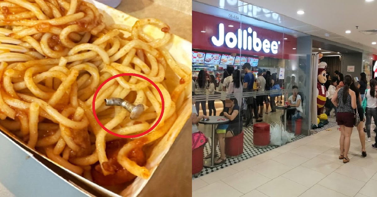 WOMAN FINDS HUGE METAL SCREW INSIDE HER SPAGHETTI FROM JOLLIBEE @ LUCKY PLAZA