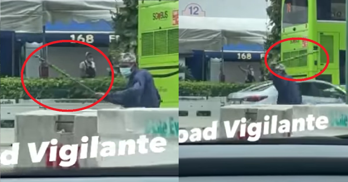 MAN ARMED WITH STICK ATTACKS VEHICLES COMING OUT OF CARPARK @ TANJONG KATONG