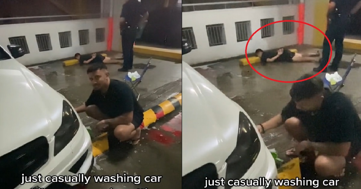 MAN CASUALLY WASHES HIS CAR AS ANOTHER GUY GETS ARRESTED BEHIND HIM, FULLY FOCUSED