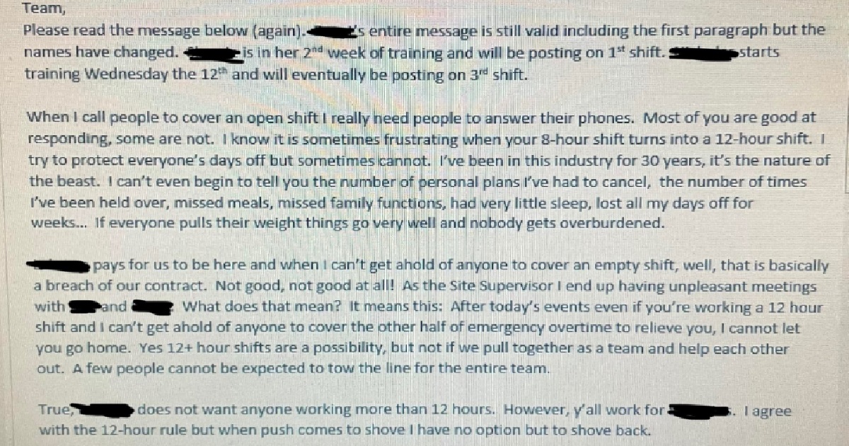 BOSS WANTS WORKERS TO ANSWER THEIR PHONE ON OFF DAYS TO RETURN TO WORK