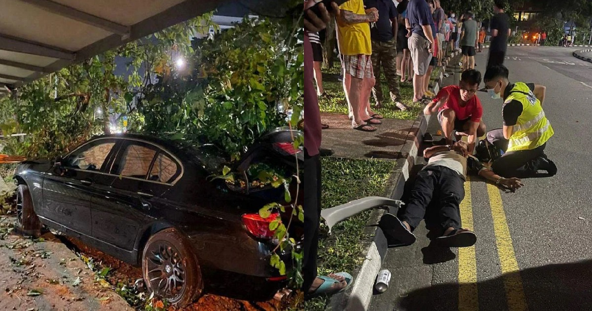 BMW DRIVER ARRESTED FOR DRINK DRIVING, HITS CAR & CRASHED INTO TREE @ JURONG WEST