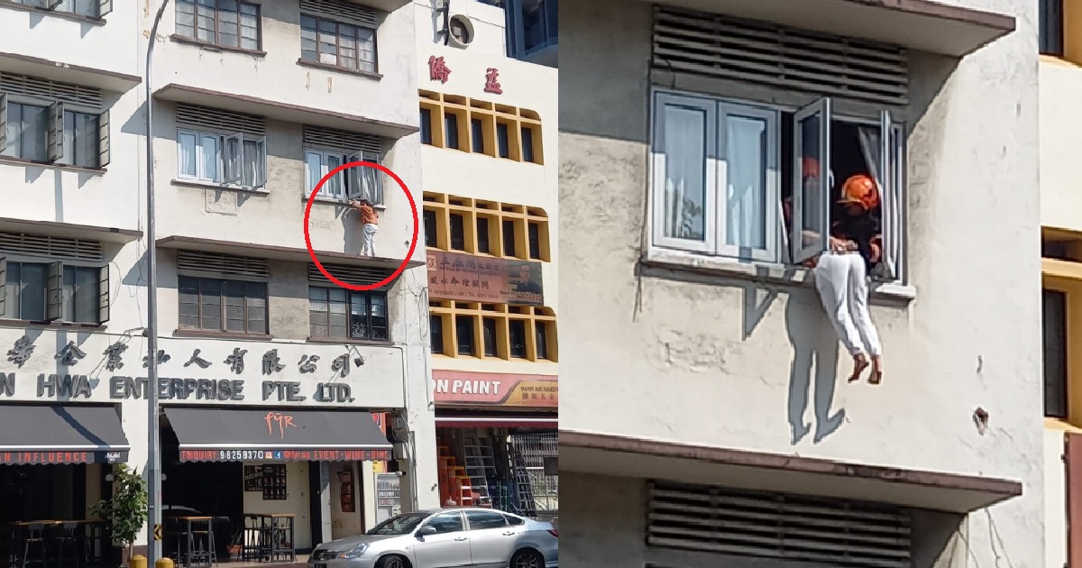 WOMAN STUCK ON 3RD FLOOR LEDGE @ JALAN BESAR, SCDF HAD TO FORCE ENTRY TO SAVE HER