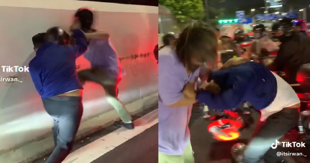 MOTORCYCLISTS 1V1 FIGHT @ WOODLANDS CHECKPOINT, USE HELMET AS WEAPONS