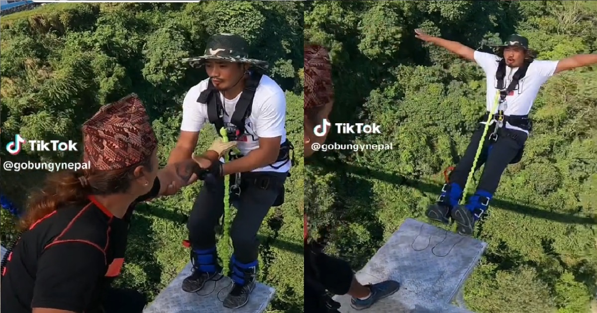 MAN SCARED TO BUNGEE JUMP, ALMOST PULL INSTRUCTOR DOWN THE CLIFF WITH HIM