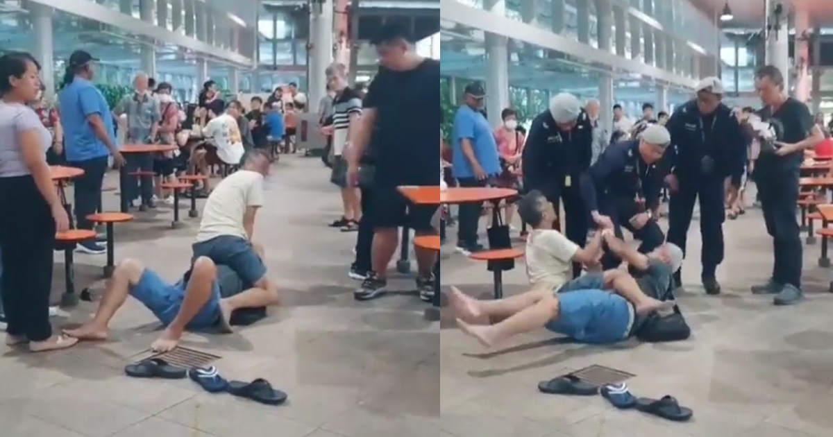 2 MEN FIGHTING IN BEDOK HAWKER CENTER, PINNED ON TOP OF ANOTHER