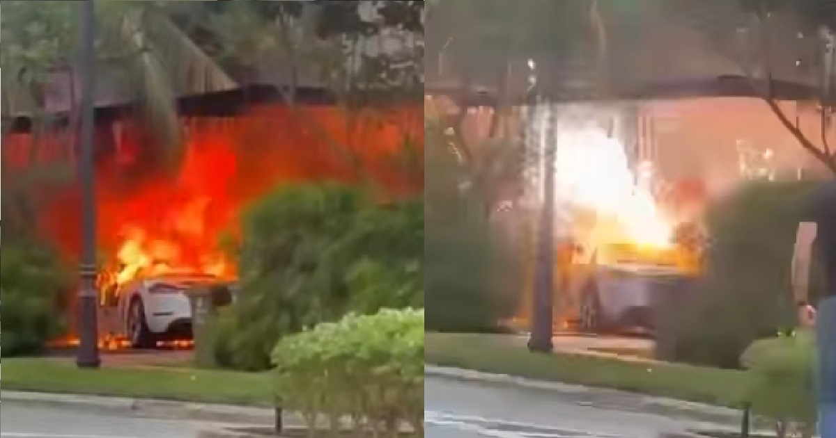 PORSCHE ON FIRE BEFORE “EXPLODING” AT SENTOSA COVE HOME, AS SPARKS FLEW EVERYWHERE