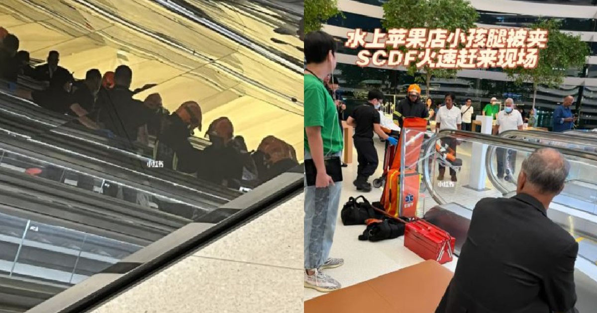 CHILD LEG GOT STUCK IN ESCALATOR @ MBS APPLE STORE, EVENTUALLY RESCUED BY SCDF