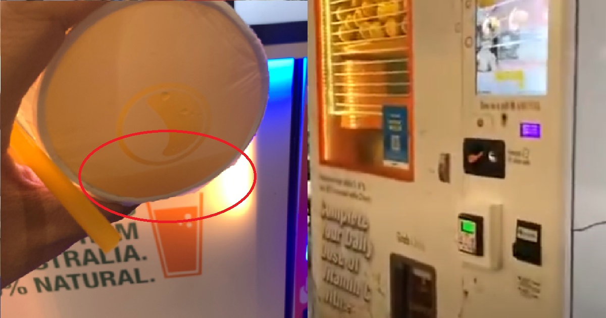 MAN BOUGHT ORANGE JUICE FROM VENDING MACHINE @ MARINA SOUTH, GETS ONLY A FEW DROPLETS