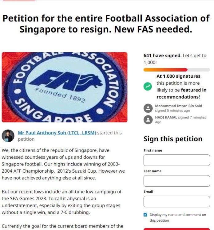 NETIZEN PETITIONS FOR S'PORE FOOTBALL ASSOCIATION TO RESIGN "OUR