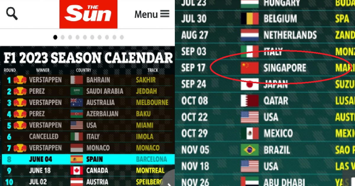 BRITISH NEWSPAPER THE SUN MIX UP S’PORE WITH CHINA, PUT CHINA FLAG AS S’PORE IN F1 SCHEDULE