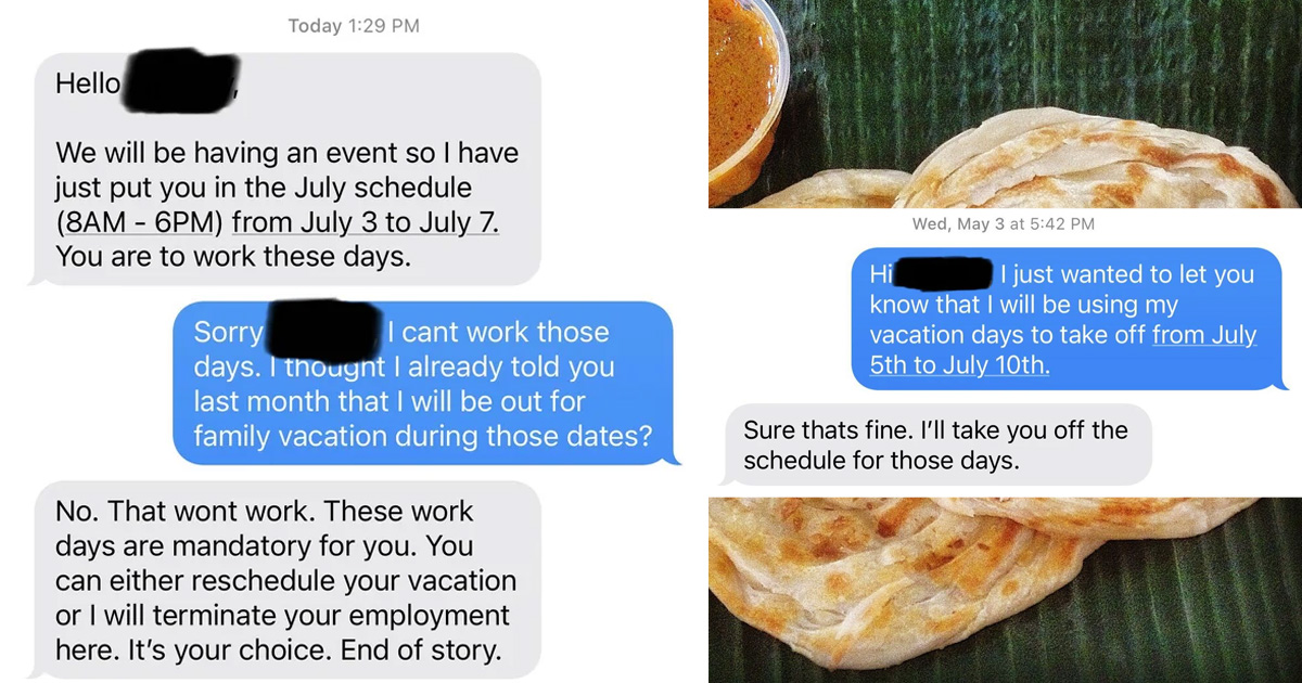 MAN TOOK LEAVE: BUT BOSS THREATEN TO FIRE HIM OR CANCEL HIS LEAVE