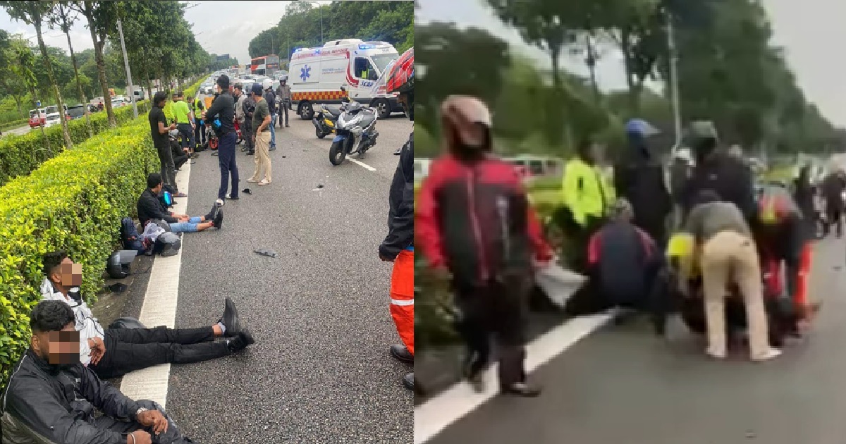 CHAOS AFTER LORRY SWERVES INTO CAR & MOTORCYCLES ALONG SLE, 5 PEOPLE INJURED