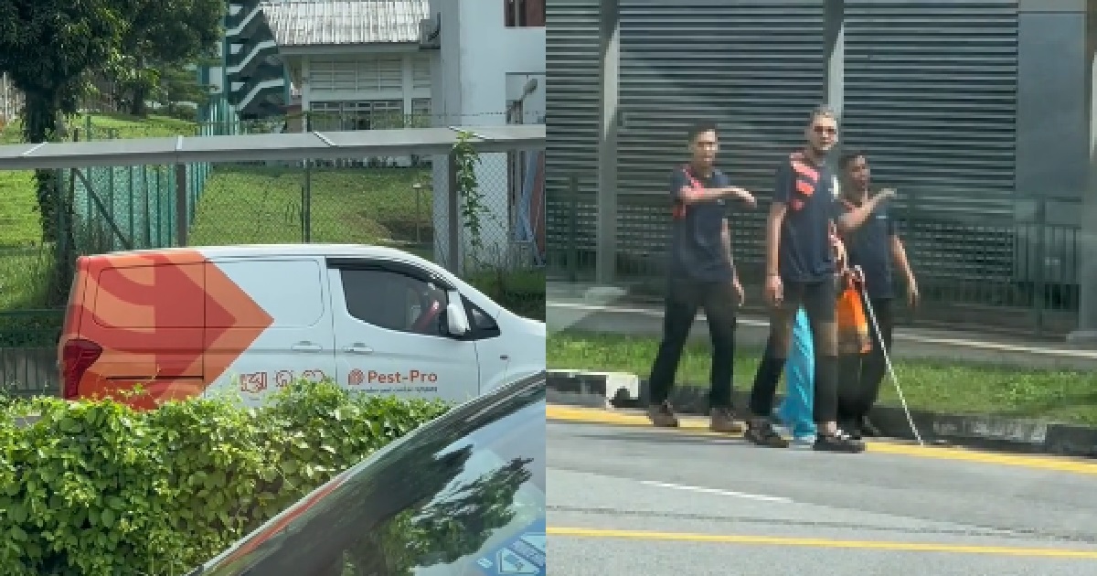 WORKERS ALIGHT FROM CAR TO HELP BLIND ELDERLY WOMAN CROSS ROAD, PRAISED BY PUBLIC
