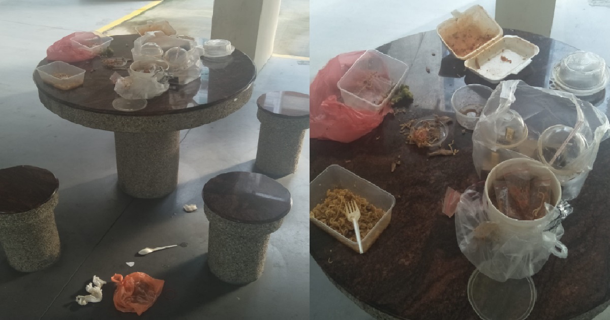GROUP MAKAN AT VOID DECK ALREADY, LEAVE RUBBISH BEHIND FOR POOR CLEANER TO CLEAR