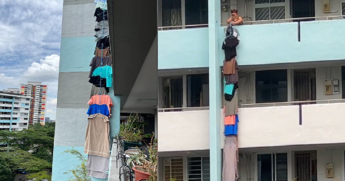 ANG MO KIO RAPUNZEL HANG HER CLOTHES DOWN HDB BLOCK, ACROSS THREE STOREYS