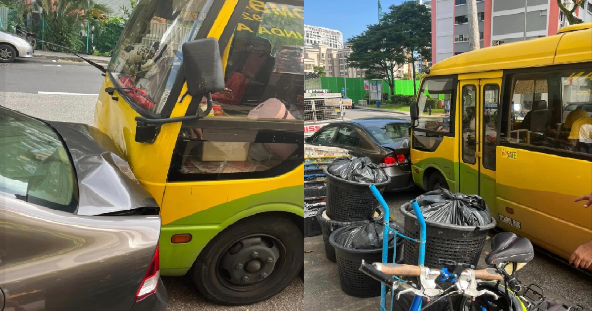 MINIBUS WITH 13 CHILDREN INSIDE ALMOST HITS CYCLIST, THEN CRASHED INTO VEHICLES @ RANGOON RD