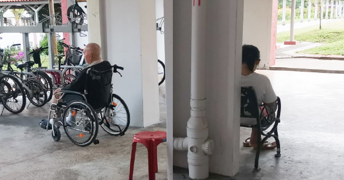 MAID LEFT ELDERLY MAN AT BICYCLE RACK, WHILE SHE SITS DOWN TO PLAY HER PHONE @ HOUGANG