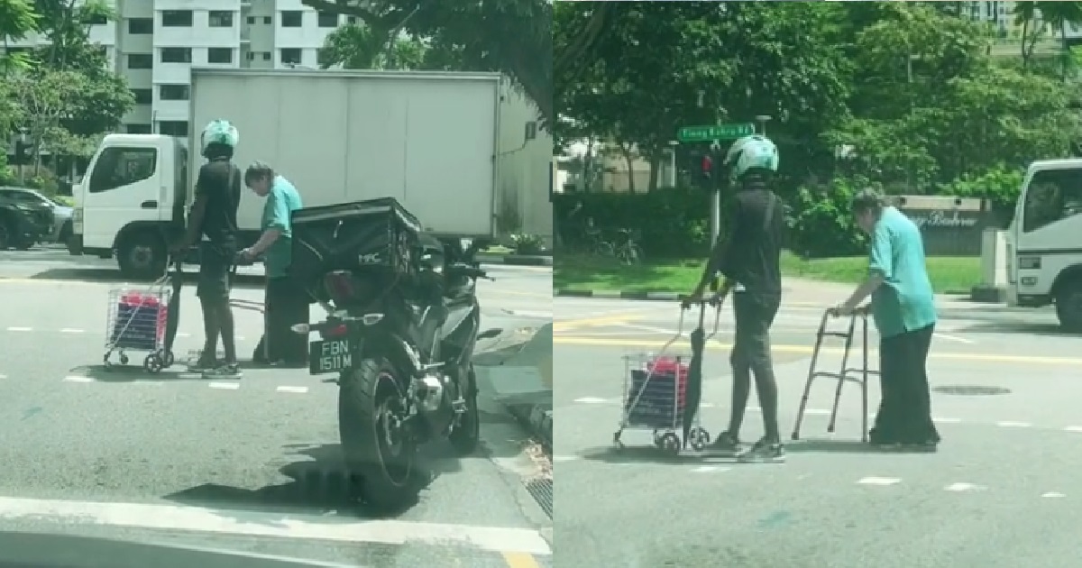 KIND MOTORCYCLIST STOPS AT ROADSIDE TO HELP ELDERLY WOMAN CROSS ROAD SAFELY