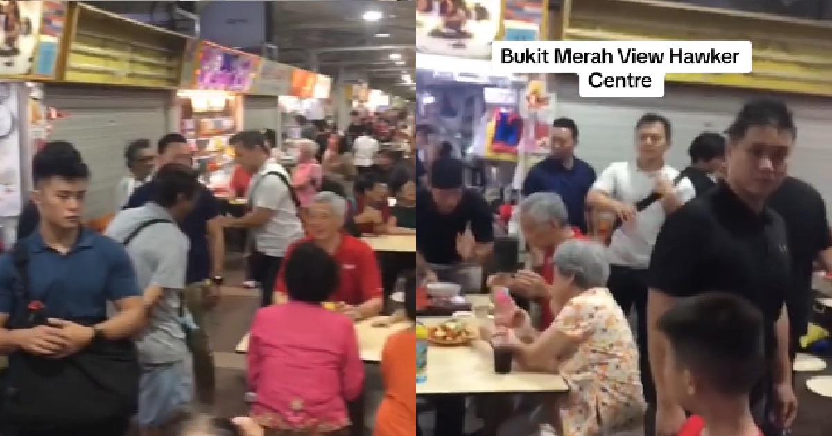 PM LEE & HO CHING MAKAN-ING AT HAWKER CENTRE, SURROUNDED BY BODYGUARDS