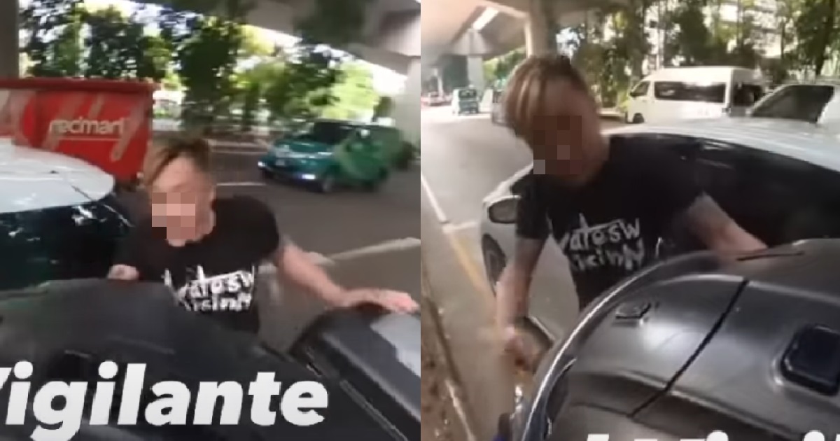 GANGSTER DRIVER RAMS INTO MOTORCYCLE TO FORCE HIM TO THE SIDE, THEN COME OUT WANT FIGHT
