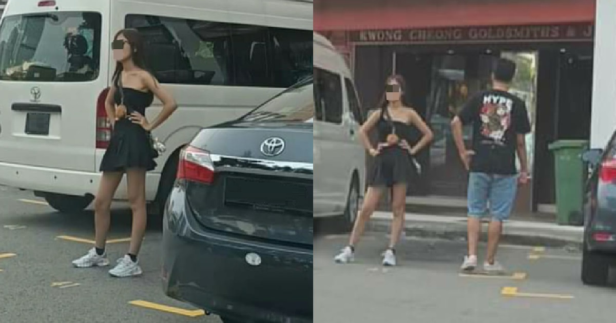 AH LIAN POSE LIKE MODEL IN PARKING LOT TO MARK HER TERRITORY, CHASE CARS AWAY @ CHINATOWN