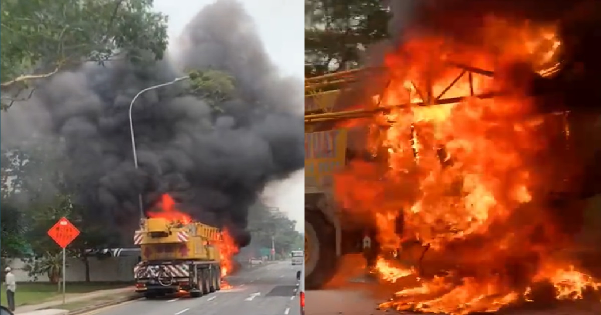 HUGE SCARY FIRE ON WEST COAST HIGHWAY, MOBILE CRANE BURN UNTIL FRONT HALF MELTED