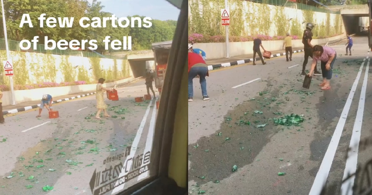 CRATES OF BEER FELL OFF LORRY @ KALLANG, ROAD COVERED IN BEER & GLASS SHARDS
