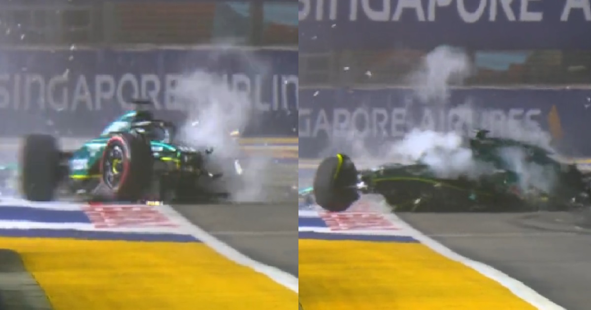 LANCE STROLL CRASHES HIS CAR DURING F1 QUALIFYING RACE IN S’PORE, CAR BROKE INTO PIECES