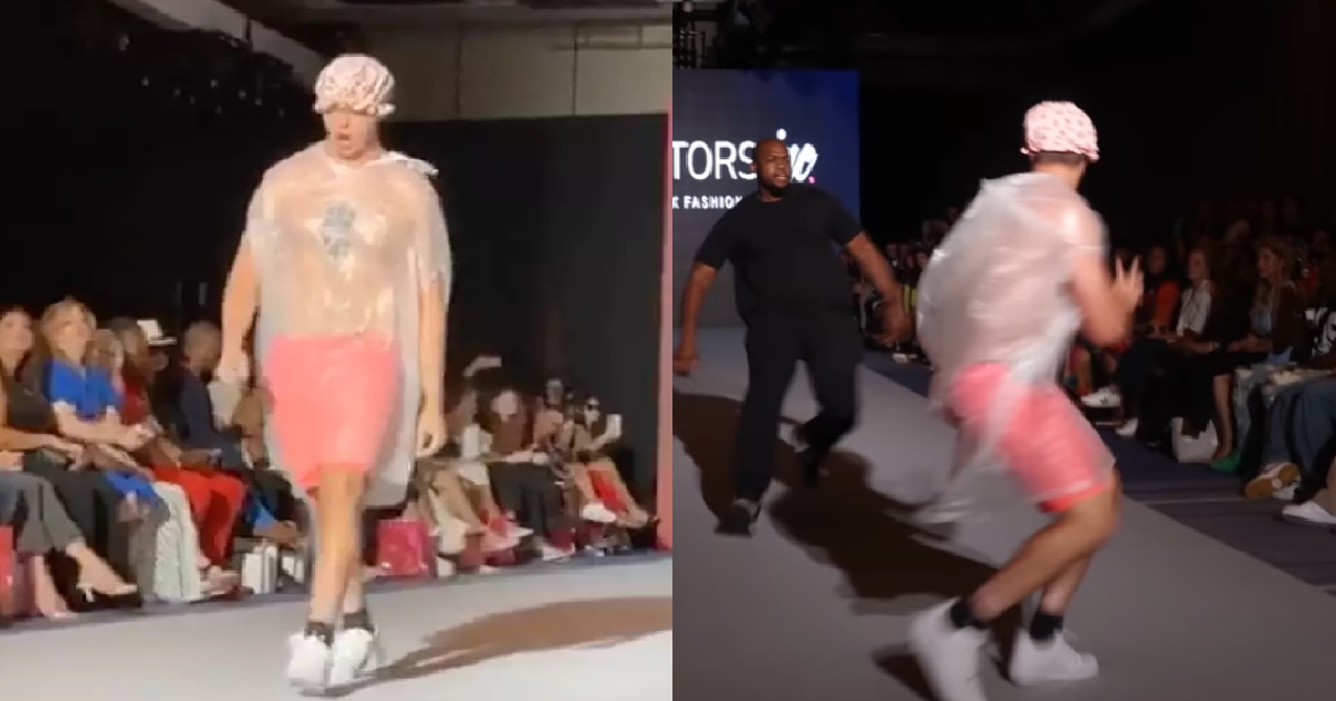 MAN TRESPASSED INTO FASHION SHOW & DID CATWALK IN RUBBISH BAG WITH NO ONE NOTICING