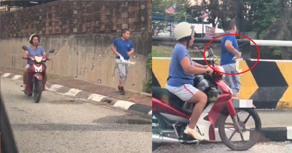 MUM FOLLOWS SON JOGGING WHILE ON HER MOTORBIKE, HOLDING A ROTAN BEHIND HIM