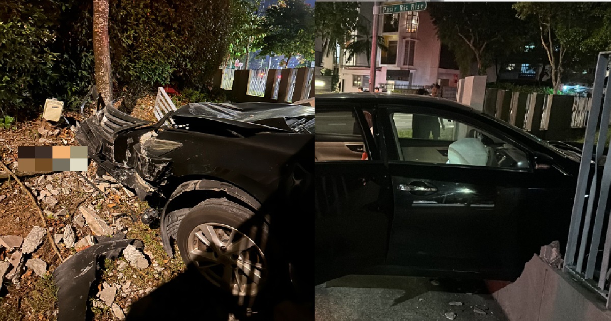 2 INJURED AFTER CAR CRASHED INTO WALL @ PASIR RIS CONDO, WALL DESTROYED