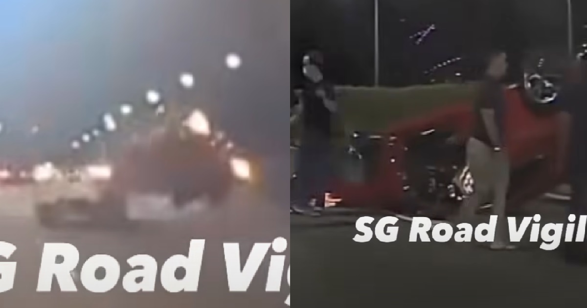 MERCEDES HITS CAR FROM BEHIND, FLIPS OVER IN THE AIR & LANDS UPSIDE DOWN @ NICOLL HIGHWAY