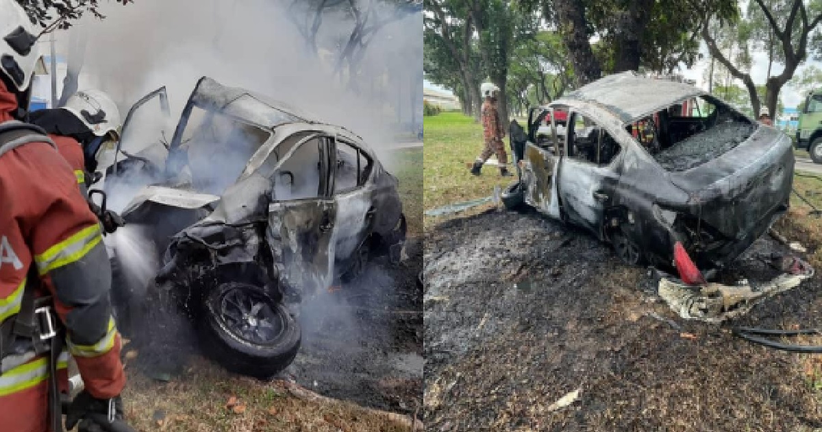 BURNT DEAD BODY OF 62 Y.O S’PORE MAN FOUND IN BURNING CAR, CRASHED INTO TREE @ JOHOR