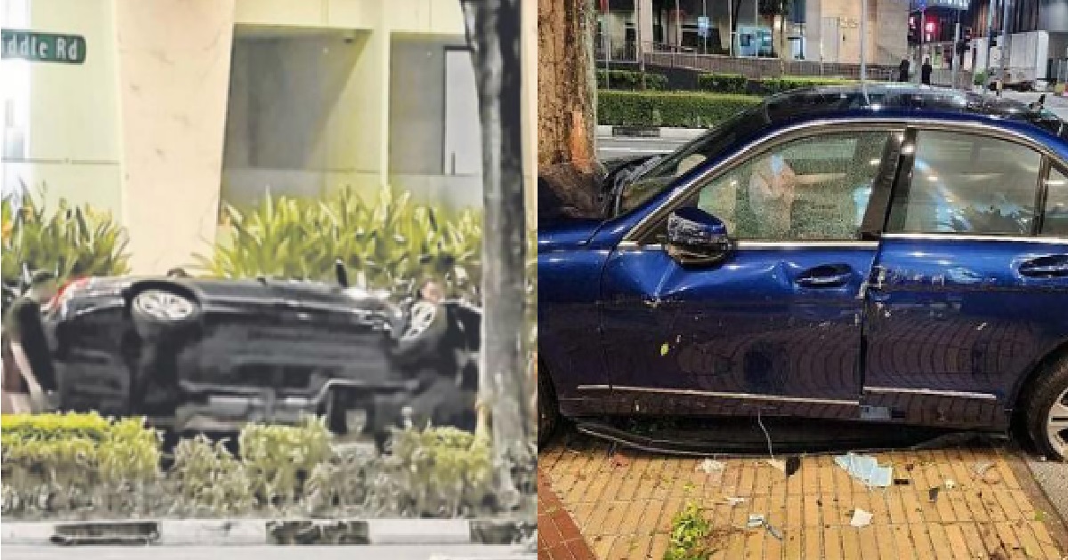 ALLEGED DRUNK DRIVER & PASSENGER CRASHED INTO TREE @ BUGIS, THEN DITCHED CAR & FLED