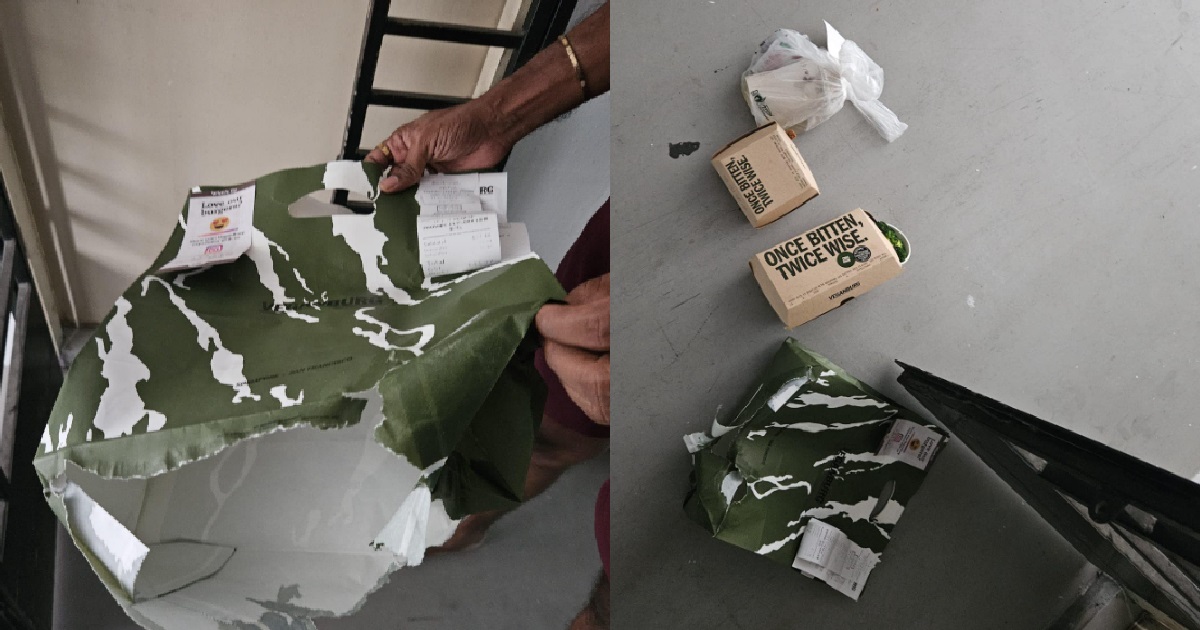 FOODPANDA RIDER SPILL DRINK & TORE THE PAPER BAG, LEAVES IT OUTSIDE CUSTOMER’S HOME & FLEES