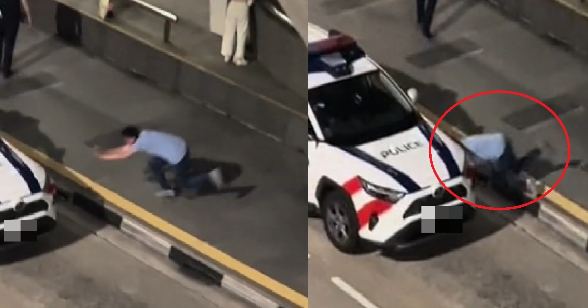 DRUNK MAN LOST BALANCE AND FALLS DOWN FACE-FIRST INTO POLICE CAR @ CLARKE QUAY