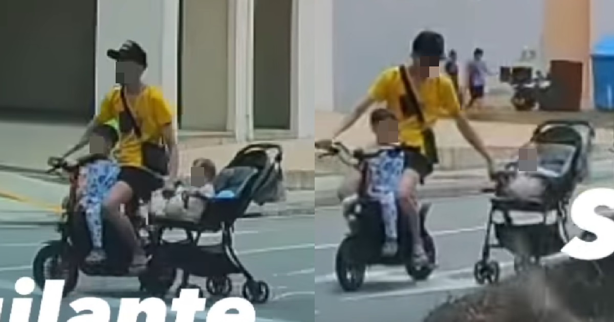 CRAZY DAD RIDES PMD WITH TODDLER WHILE DRAGGING PRAM WITH BABY IN IT @ JURONG