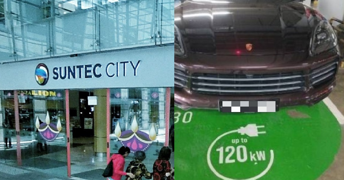 PORSCHE DRIVER THINKS HE VERY BIG SHOT, PARKS HIS CAR IN ELECTRIC-VEHICLE LOT @ SUNTEC