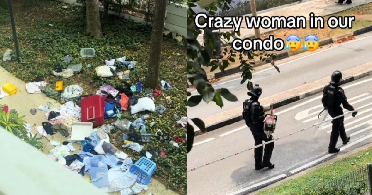 WOMAN ARRESTED AFTER THROWING WHOLE BUNCH OF ITEMS OUT OF CONDO @ TANAH MERAH