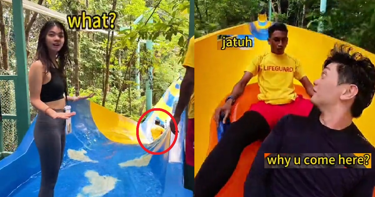 GUY WANTED TO RIDE WATER SLIDE WITH GF, BUT LIFEGUARD SLIPS & JOINS HIM INSTEAD