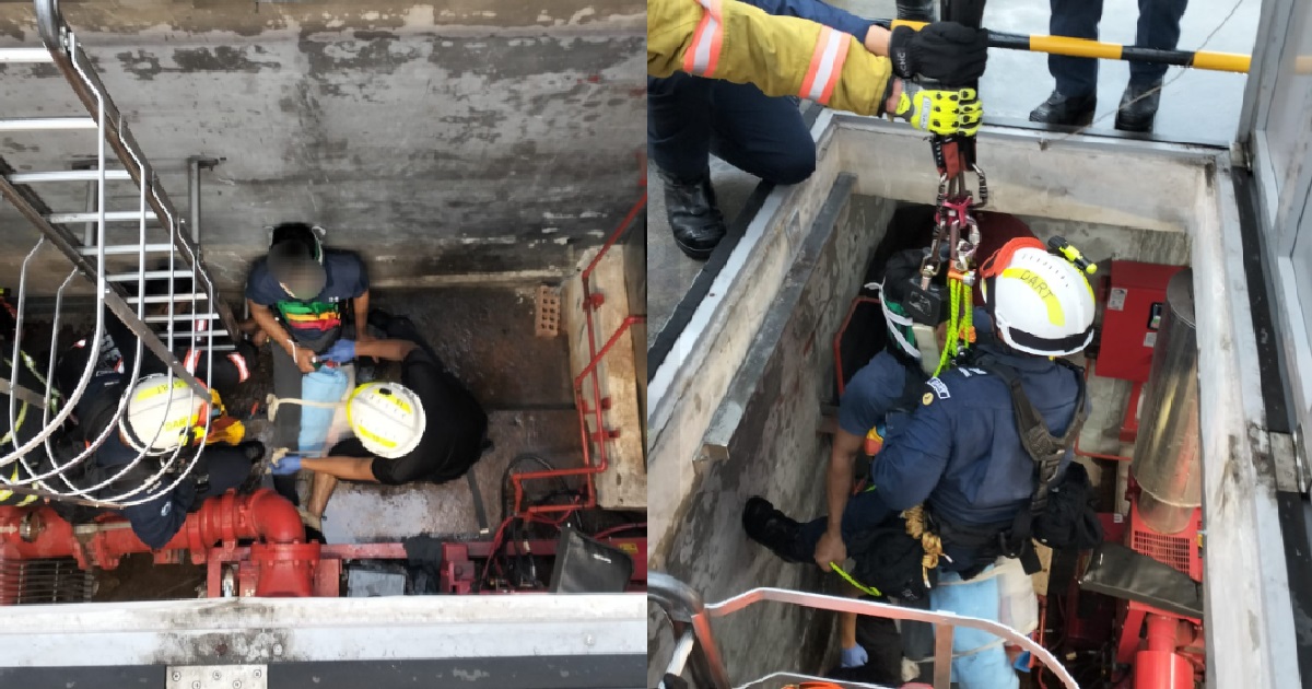 MAN TRAPPED AFTER FALLING IN 4-METRE DEEP SPRINKLER PUMP ROOM, SCDF & DART TEAM ACTIVATED