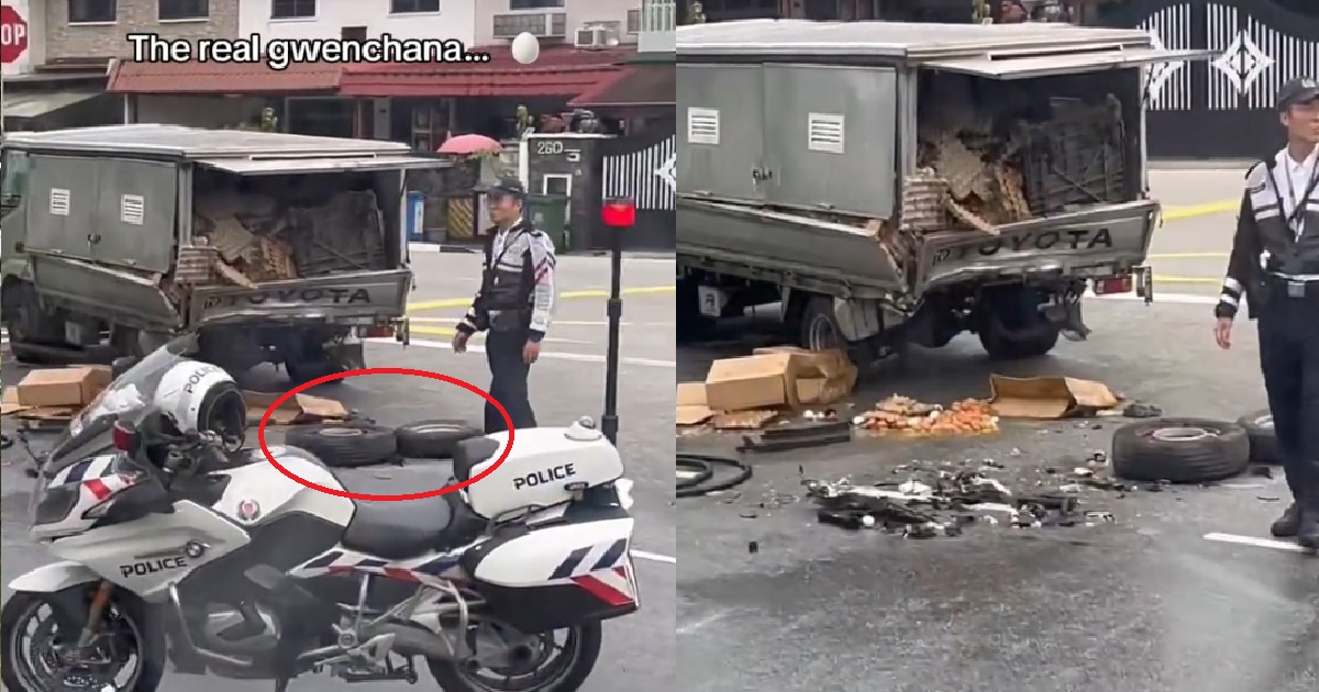 CRASH BETWEEN CAR & 2 LORRIES @ UPPER THOMSON RD, EGG CARTONS & 2 TYRES FELL OUT