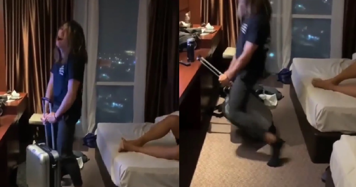 DRUNK GUY MABOK ALREADY, HUMP LUGGAGE INSIDE HOTEL ROOM FOR GROUP OF MEN TO WATCH