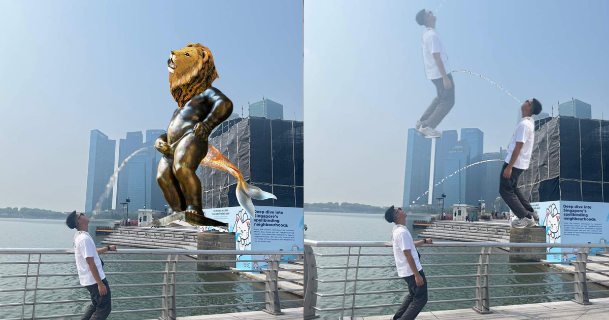 DISAPPOINTED HK TOURIST PHOTOSHOP MERLION BECAUSE IT WAS UNDER REPAIRS