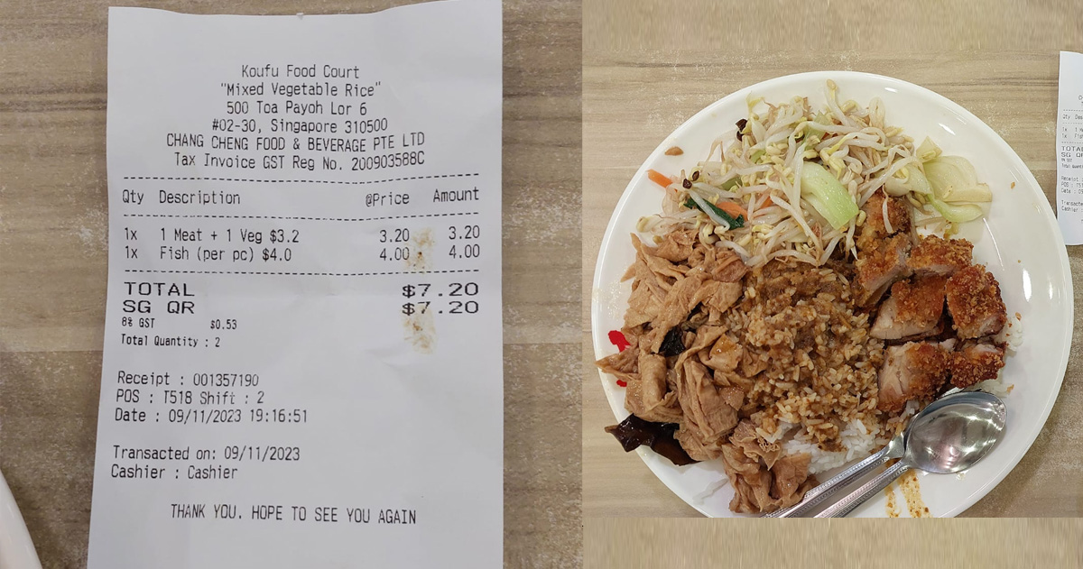 MAN $7.20 FOR 2 VEGE 1 MEAT, RECEIPT MYSTERIOUSLY HAS A “$4 FISH CHARGE”