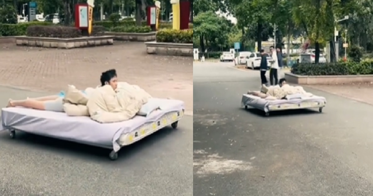 MAN LAZY TO GET OUT OF BED, SO HE PUT WHEELS ON HIS MATTRESS & DRIVES IT TO WORK