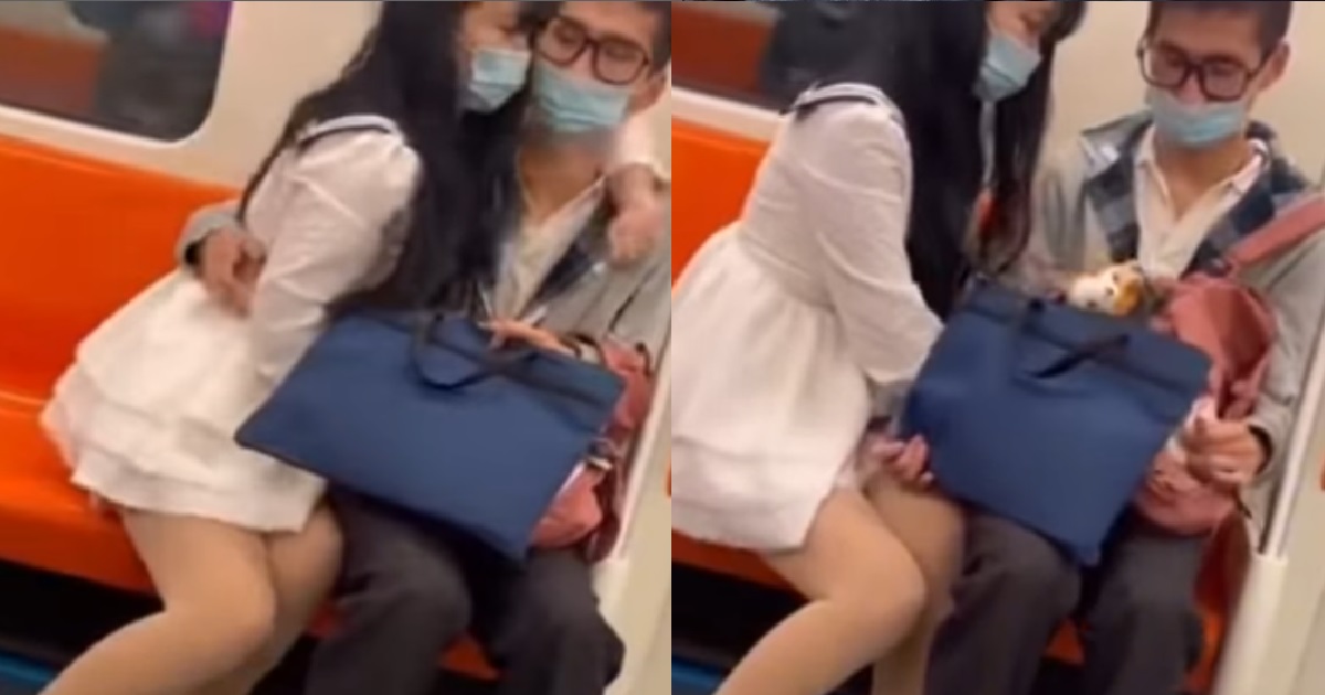 WOMAN HELPS BF PCC & RUBS HIM INSIDE MRT, GUY TRIES TO HIDE IT WITH BAGS BUT FAIL